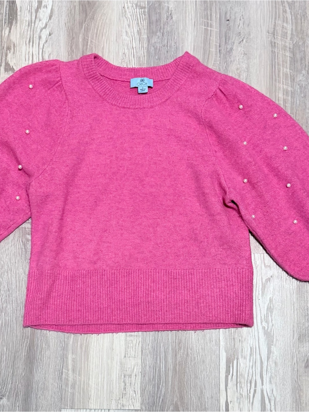 Cece Pink Pearl-Embellished Crewneck Sweater